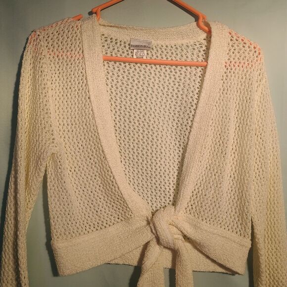 Women’s White Open Knit Tie Front Cardigan Sweater Long Sleeve Lightweight. - Picture 2 of 4